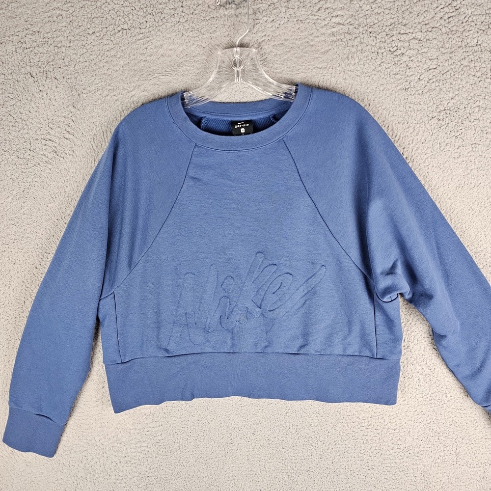 Nike Crop Sweater Womens Large Blue Dri-Fit‎ Loose Embossed Spell Out CV7248-469